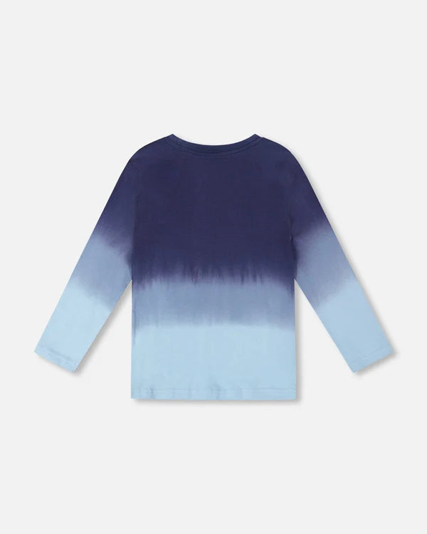 Deux Par Deux Organic Cotton Long Sleeve Tee - Gradient Mood Indigo Space Dino