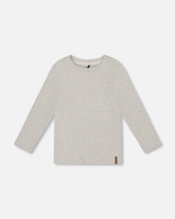 Deux Par Deux Long Sleeve Organic Cotton T-Shirt with Pocket - Oatmeal Heather Beige