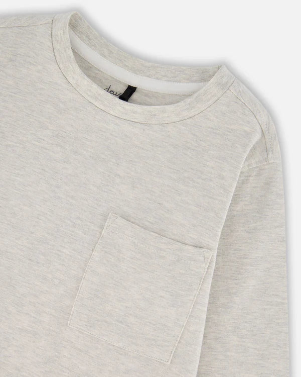Deux Par Deux Long Sleeve Organic Cotton T-Shirt with Pocket - Oatmeal Heather Beige