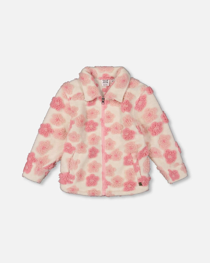 Deux Par Deux Zipped Sherpa Jacket - Off White/Pink with Flowers