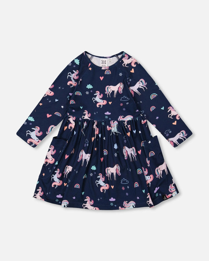 Deux Par Deux Jersey Printed Pockets Dress - Navy Unicorn