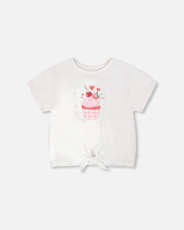 Deux Par Deux Organic Jersey T-Shirt with Tie Waist - White