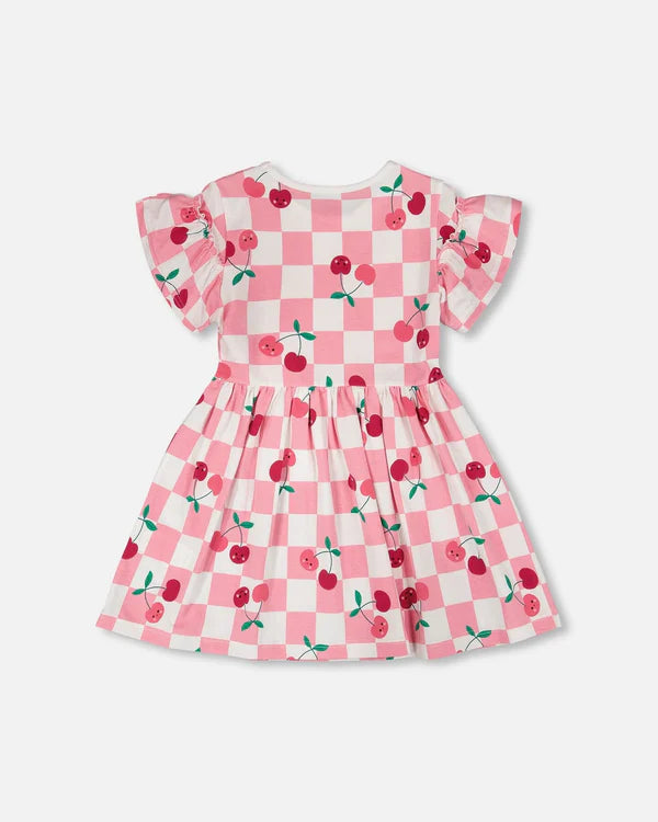 Deux Par Deux Organic Jersey Dress - Printed Pink Cherries