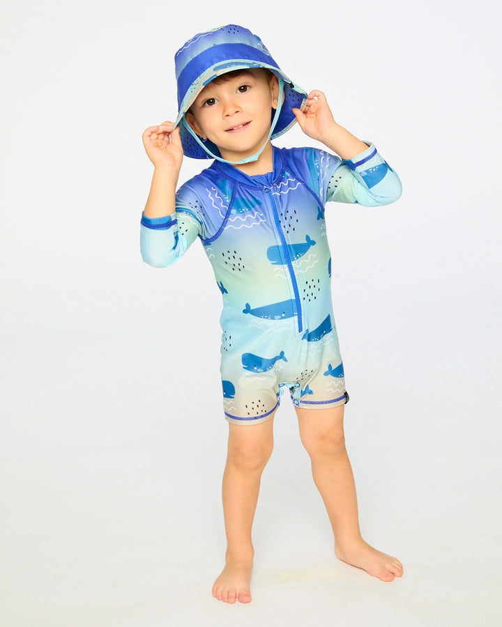 Deux Par Deux Long Sleeve One-Piece Rashgaurd - Blue Whale