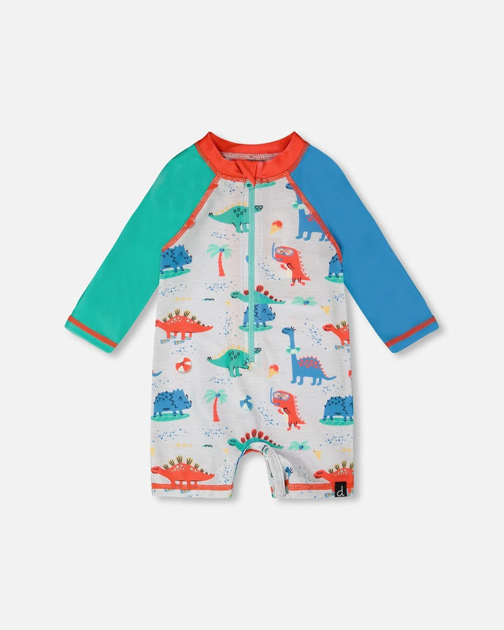 Deux Par Deux Long Sleeve One-Piece Rashgaurd - Baby Dinosaur