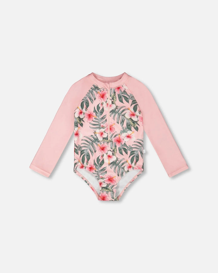 Deux Par Deux Long Sleeve Rashguard - Pink Hibiscus