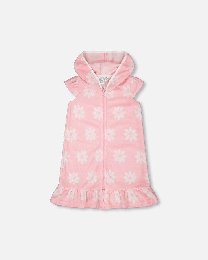 Deux Par Deux Hooded Terry Beach Dress - Pink Printed Flowers