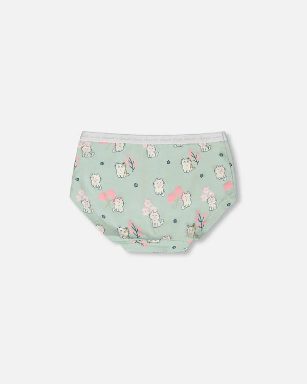 Deux Par Deux Boyshort Panty - Printed Green Kitten