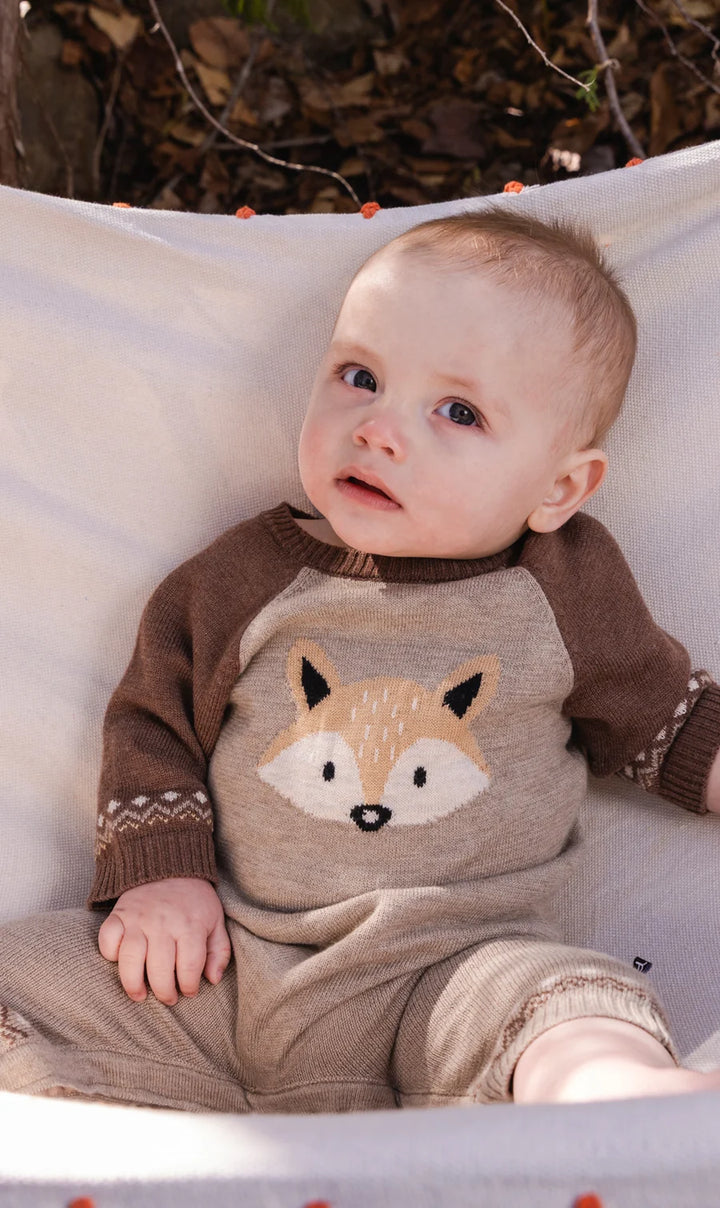 Deux Par Deux Knitted Intarsia Romper - Apple Cinnamon Fox