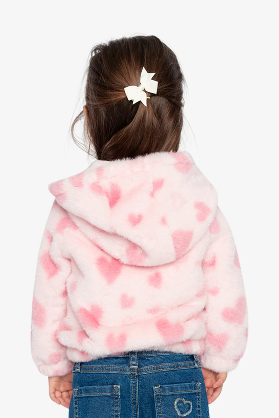 Deux Par Deux Hooded Full Zip Fake Fur Jacket - Jacquard Hearts