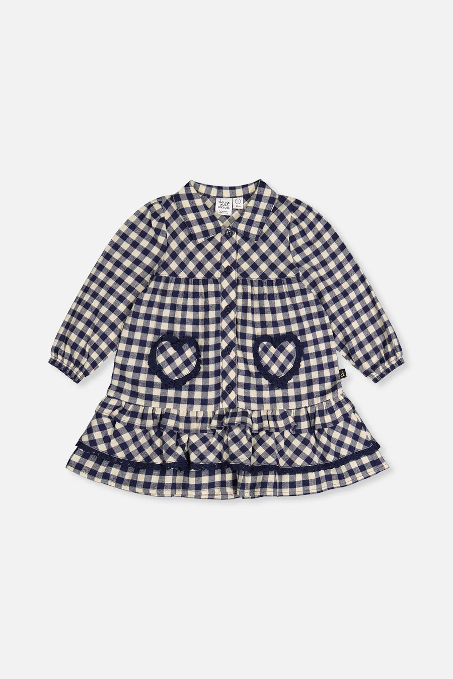 Deux Par Deux Shirt Dress with Frills - Navy and White Gingham