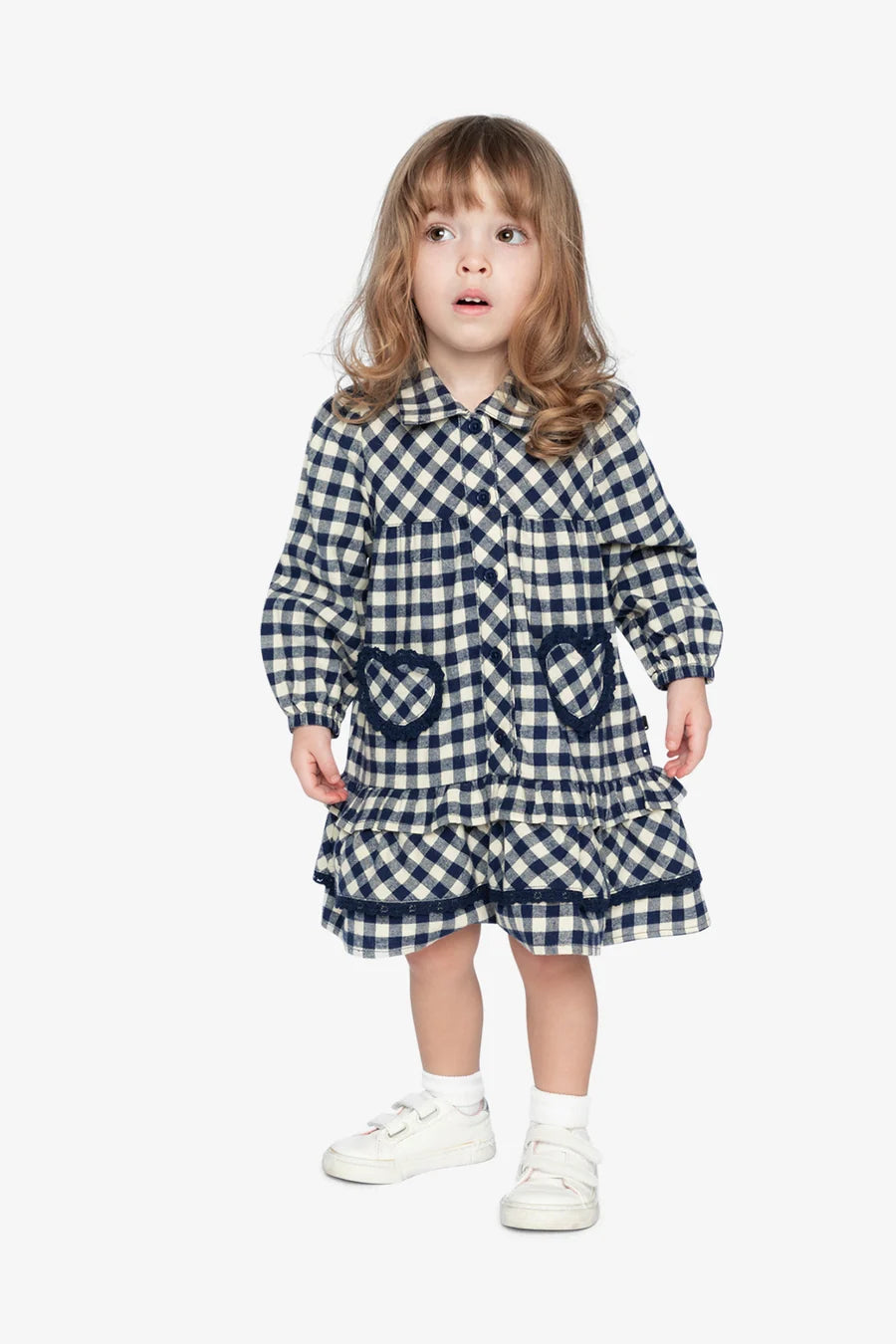 Deux Par Deux Shirt Dress with Frills - Navy and White Gingham