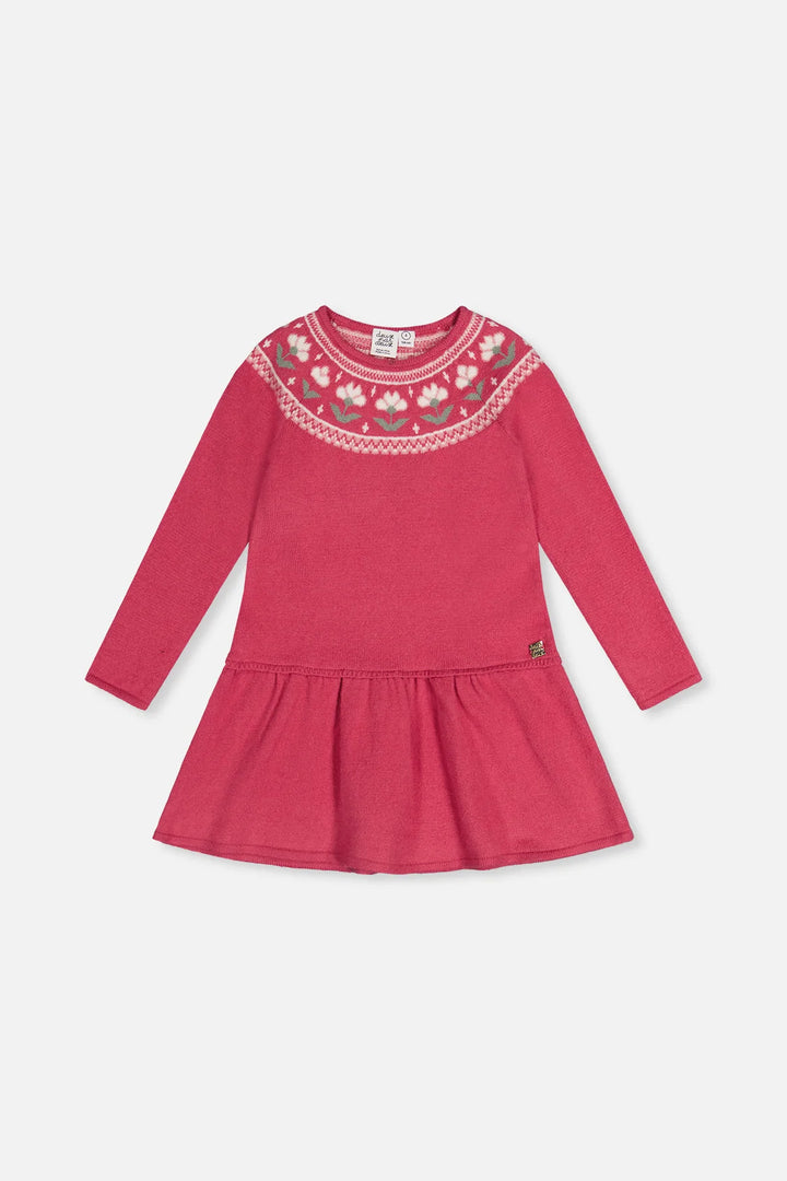 Deux Par Deux Knitted Dress with Flower Jacquard - Raspberry Pink