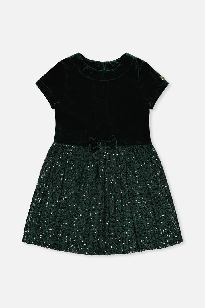 Deux Par Deux Bi-Material Short Sleeve Dress with Glittering Skirt - June Bug Green