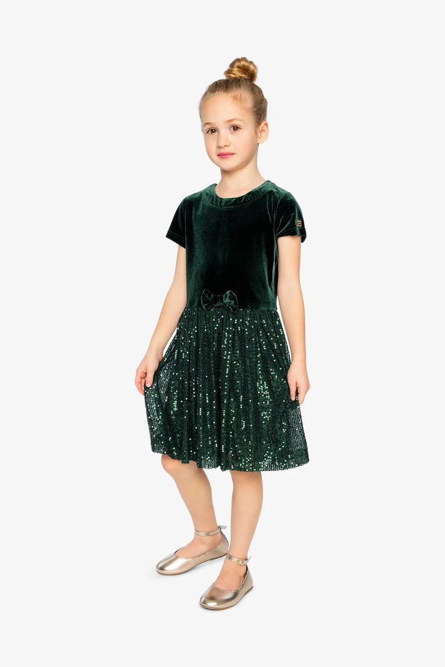 Deux Par Deux Bi-Material Short Sleeve Dress with Glittering Skirt - June Bug Green