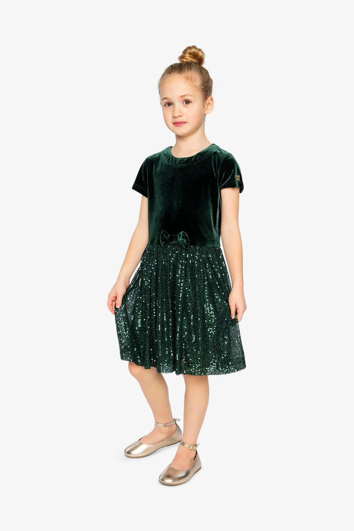 Deux Par Deux Bi-Material Short Sleeve Dress with Glittering Skirt - June Bug Green