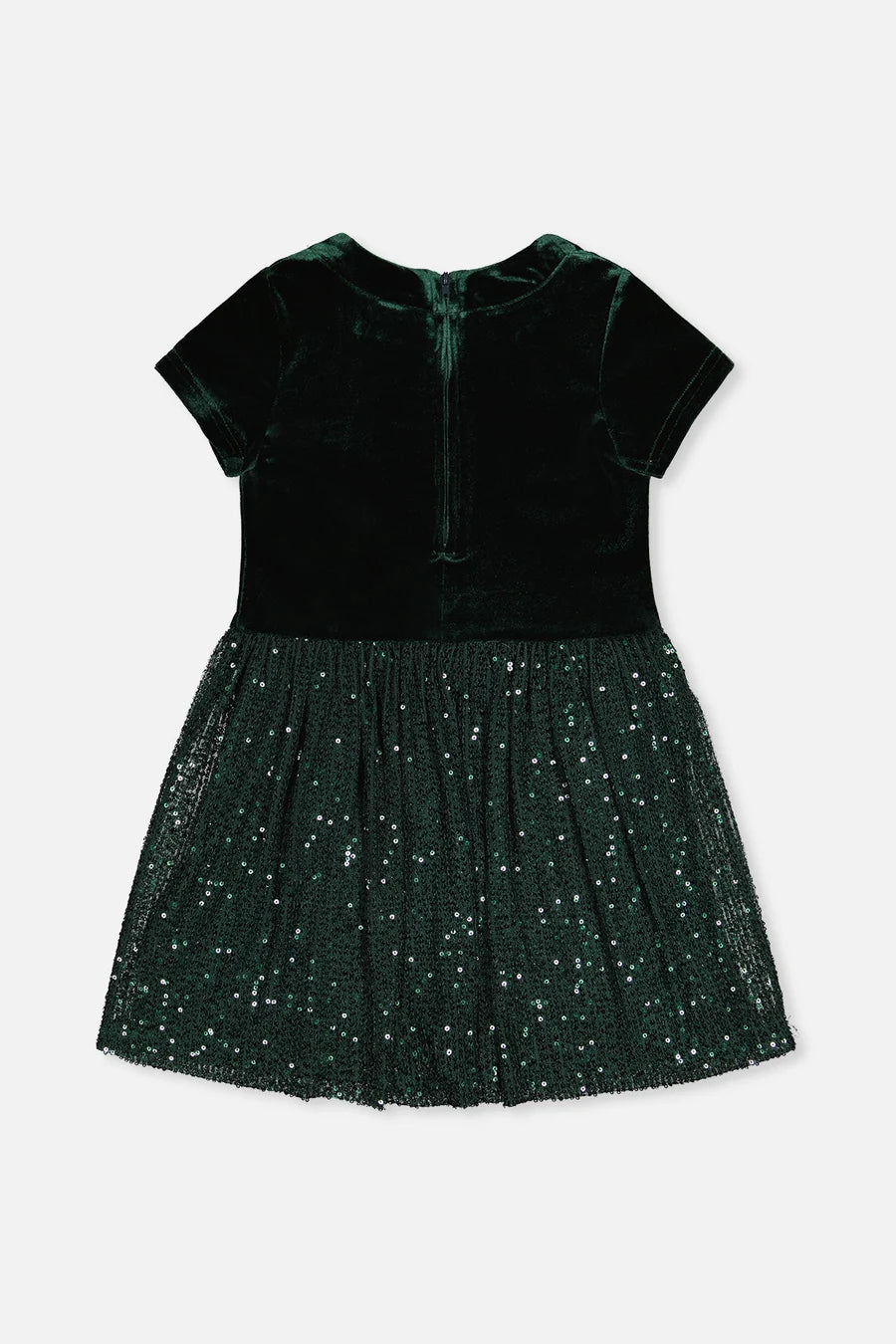 Deux Par Deux Bi-Material Short Sleeve Dress with Glittering Skirt - June Bug Green