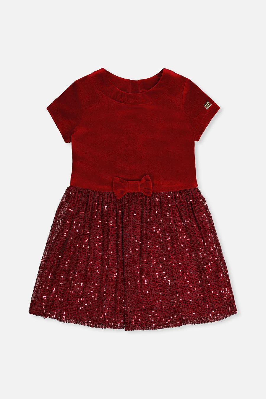 Deux Par Deux Bi-Material Short Sleeve Dress with Glittering Skirt - Rumba Red