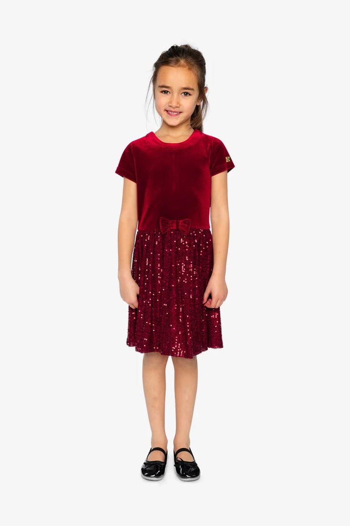Deux Par Deux Bi-Material Short Sleeve Dress with Glittering Skirt - Rumba Red