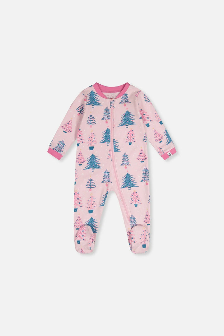 Deux Par Deux Organic Cotton One Piece Footed Pajama - Printed Pink Trees