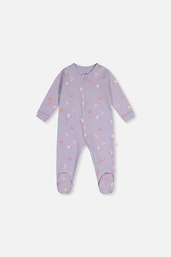 Deux Par Deux Organic Cotton One Piece Footed Pajama - Printed Purple Hedgehog