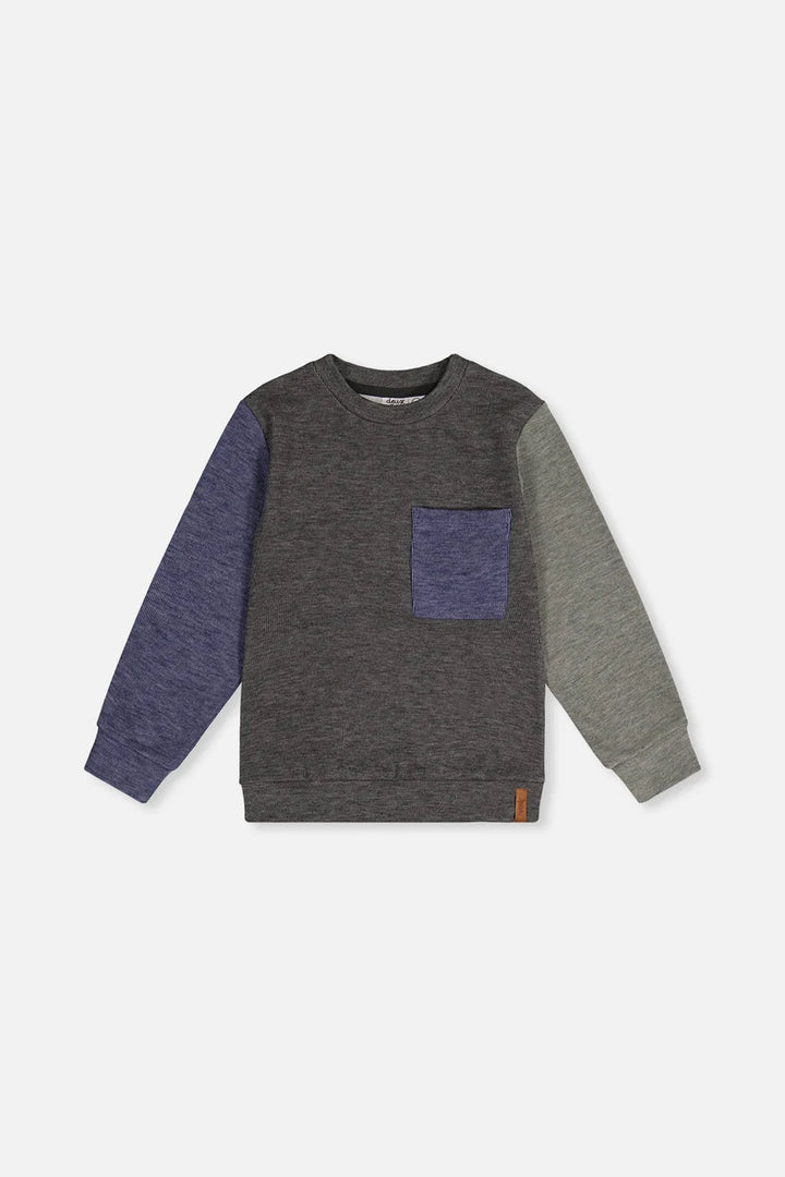 Deux Par Deux Colorblock Brushed Jersey Top with Chest Pocket - Beluga