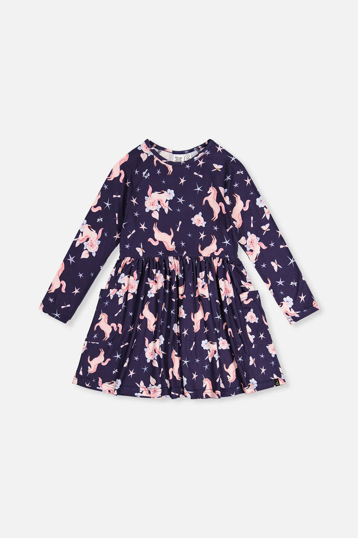 Deux Par Deux Long Sleeve Dress Navy Unicorn