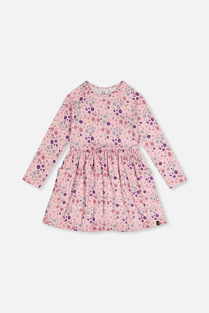 Deux Par Deux Long Sleeve Dress - Rose Printed Daisies