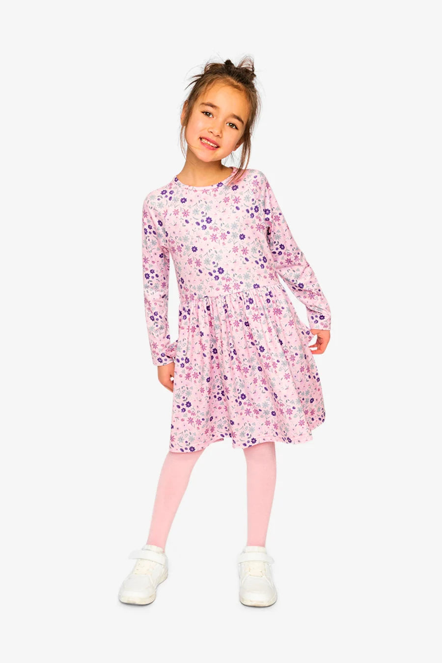 Deux Par Deux Long Sleeve Dress - Rose Printed Daisies