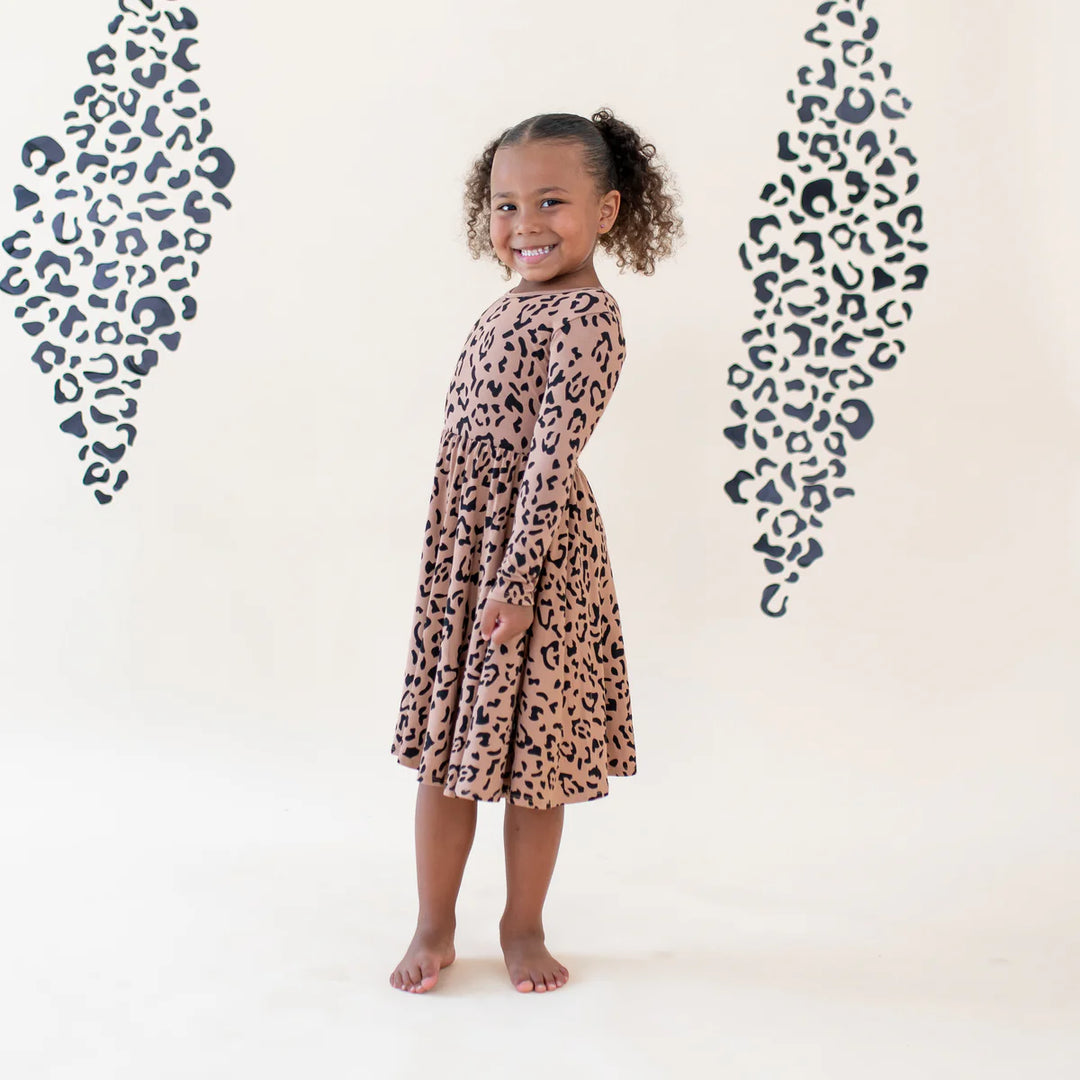 Kyte Baby Long Sleeve Twirl Dress - Latte Leopard