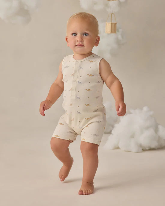 Quincy Mae Ribbed Henley Romper - Dinos