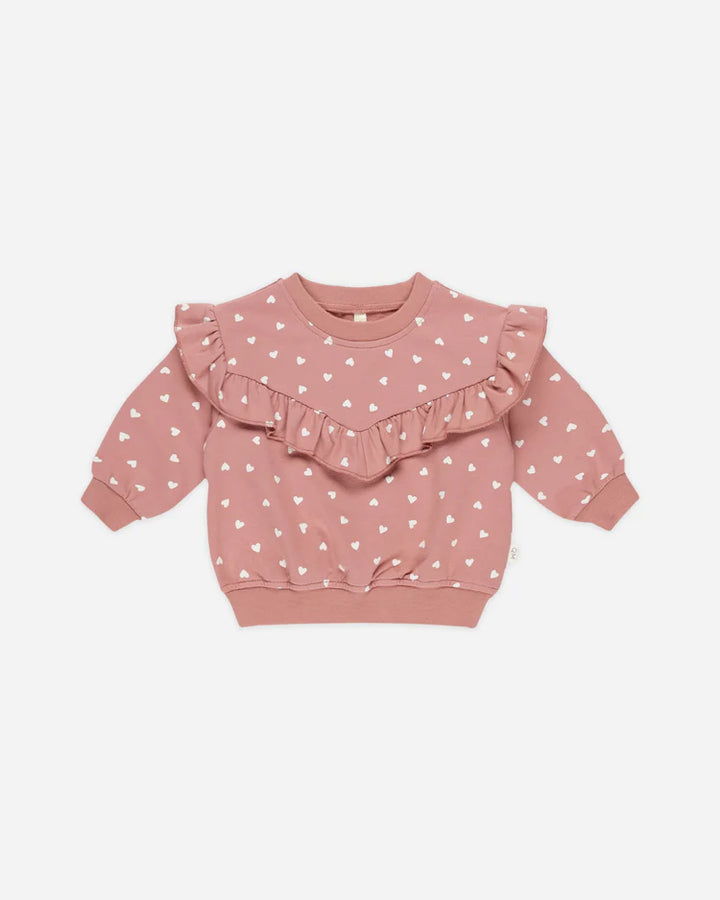 Quincy Mae Ruffle Sweatshirt - Lipstick Hearts