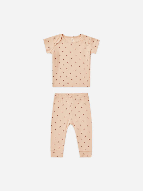 Quincy Mae Ribbed Short Sleeve Tee and Leggings Set - Strawberries