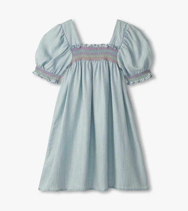 Hatley Puff Sleeve Smocked Dress - Soft Blue Denim