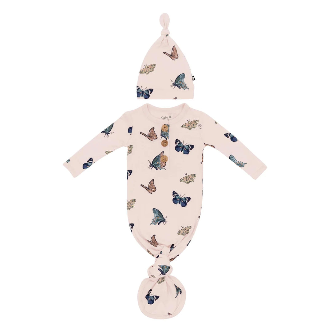 Kyte Baby Knotted Gown with Hat - Blush Butterfly