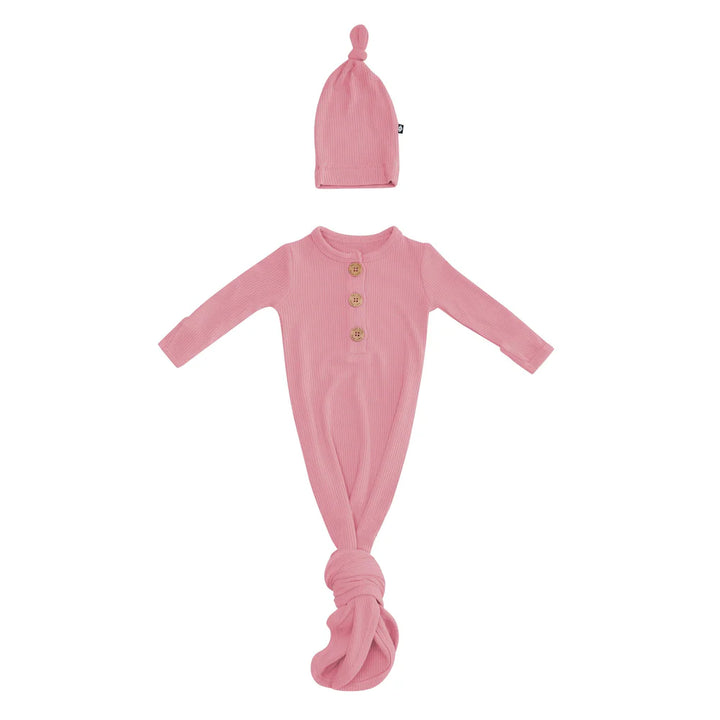 Kyte Baby Ribbed Knotted Gown with Hat Set - Apple Blossom Kyte Baby Ribbed Knotted Gown with Hat Set - Apple Blossom