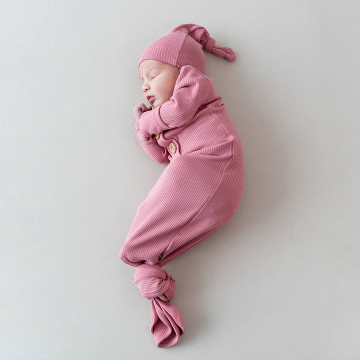 Kyte Baby Ribbed Knotted Gown with Hat Set - Apple Blossom Kyte Baby Ribbed Knotted Gown with Hat Set - Apple Blossom