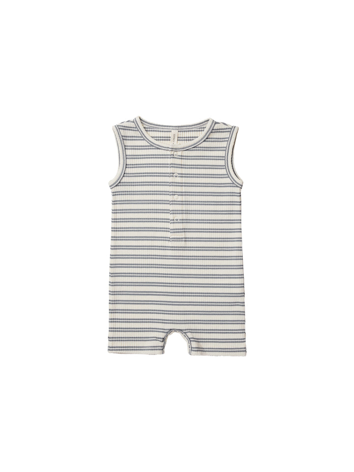 Quincy Mae Ribbed Henley Romper - Ocean Stripe