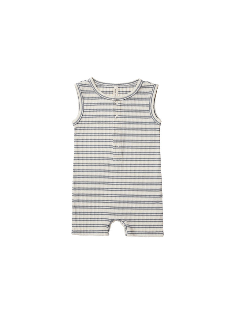 Quincy Mae Ribbed Henley Romper - Ocean Stripe Quincy Mae Ribbed Henley Romper - Ocean Stripe
