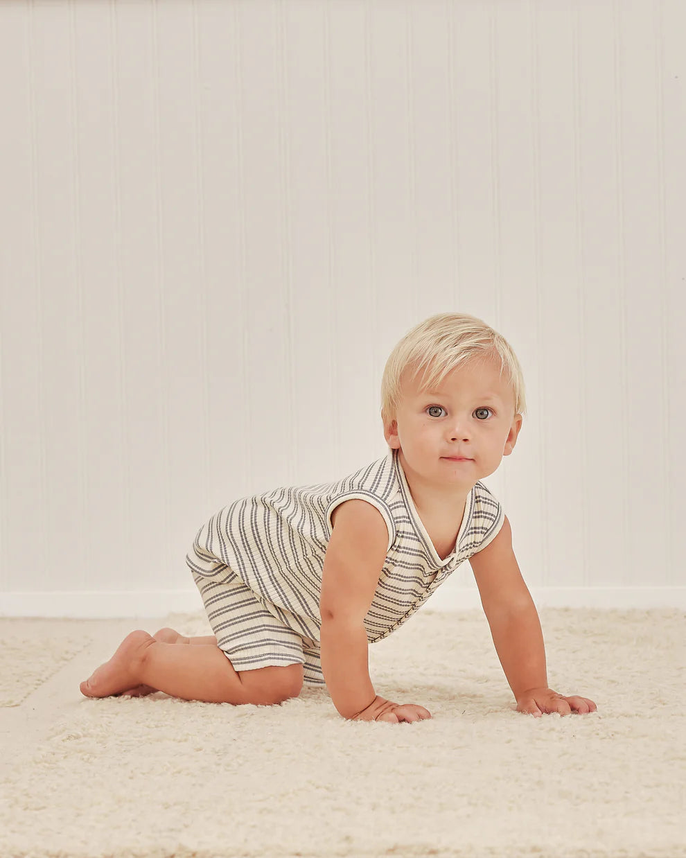 Quincy Mae Ribbed Henley Romper - Ocean Stripe